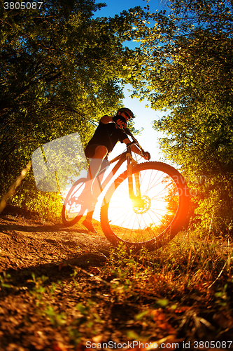 Image of Man Cyclist with bike on sunset