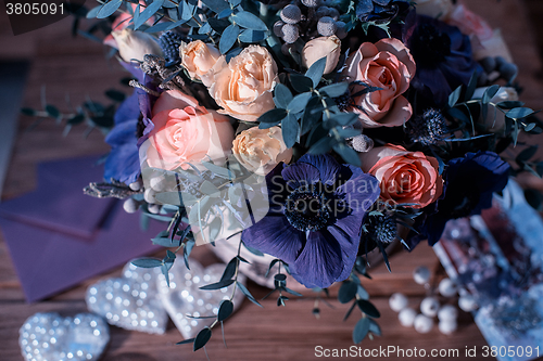 Image of beautiful bouquet flowers and hearts 