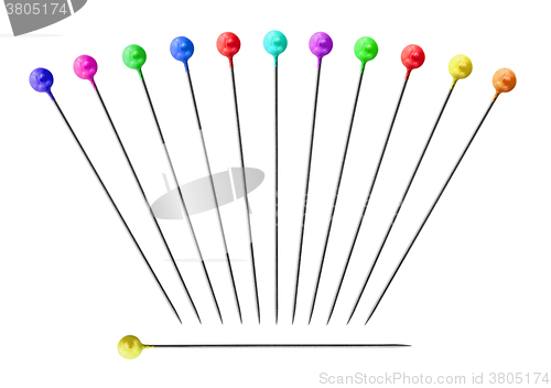 Image of Collection of sewing pins with round head; isolated