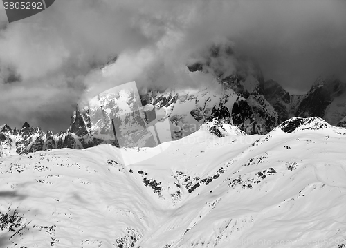 Image of Black and white view on Mount Ushba in haze