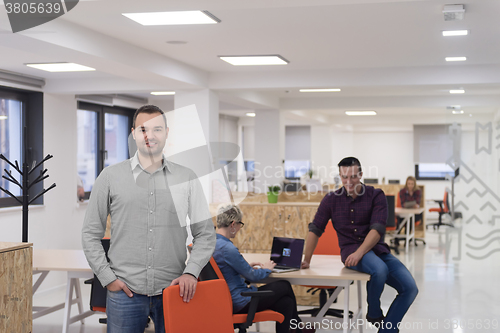 Image of startup business, businessman portrait at modern office, team br