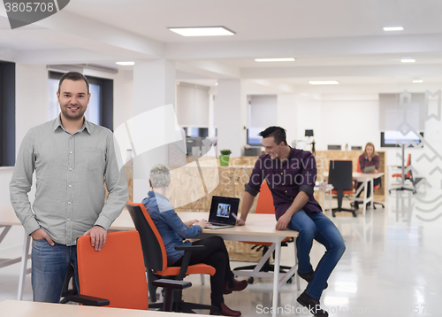 Image of startup business, businessman portrait at modern office, team br