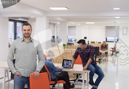 Image of startup business, businessman portrait at modern office, team br