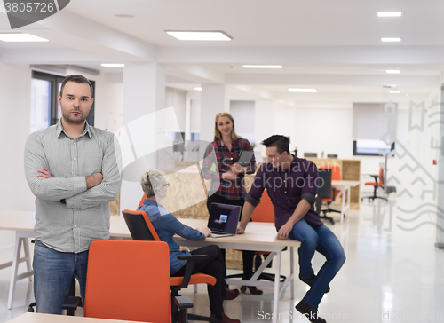 Image of startup business, businessman portrait at modern office, team br