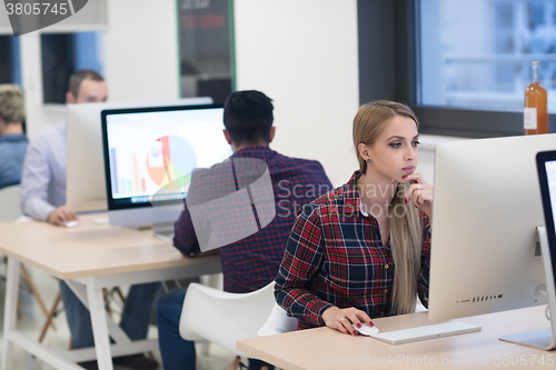 Image of startup business, woman  working on desktop computer