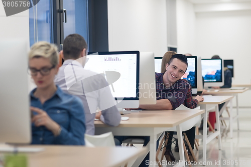 Image of startup business, software developer working on desktop computer
