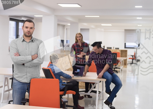 Image of startup business, businessman portrait at modern office, team br