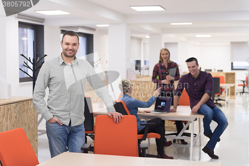 Image of startup business, businessman portrait at modern office, team br