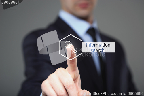 Image of technology and internet concept - businessman pressing SEARCH information button on virtual screens