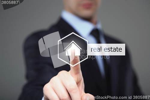 Image of business, internet and networking concept - businessman pressing real estate button on virtual screens
