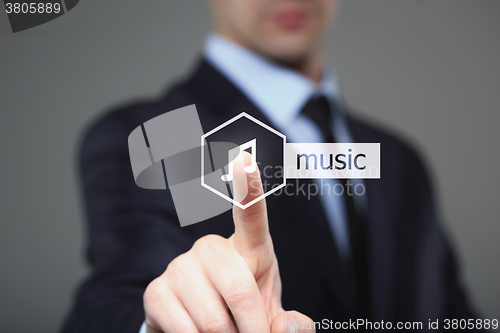 Image of businessman pressing Music application button on virtual screens