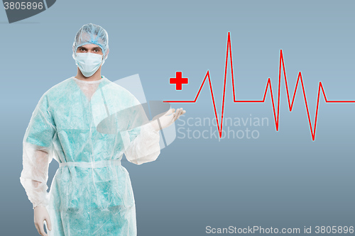 Image of Portrait of an surgeon against medical background with ecg line