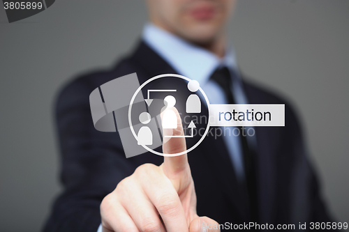 Image of business, technology and internet concept - businessman pressing Rotation button on virtual screens