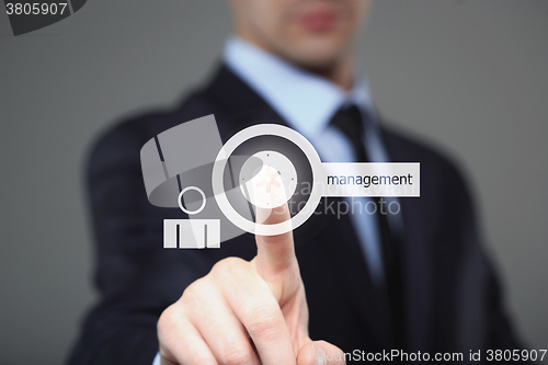 Image of Businessman pressing button on touch screen interface and select management.  internet, technology concept.