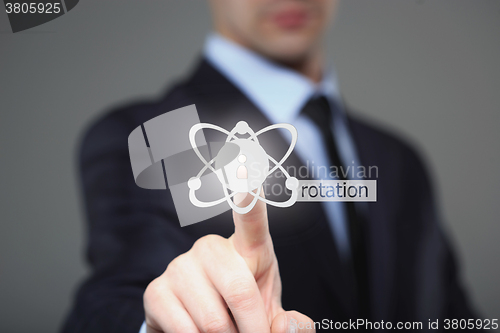 Image of business, technology and internet concept - businessman pressing Rotation button on virtual screens