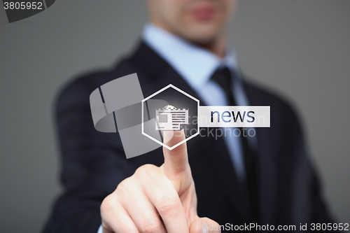 Image of Businessman, Focus on hand pressing news button. virtual screens