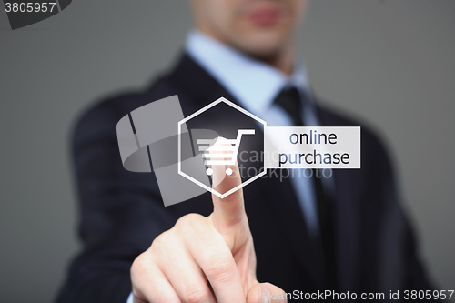 Image of business and internet concept - businessman pressing online purchase button on virtual screens