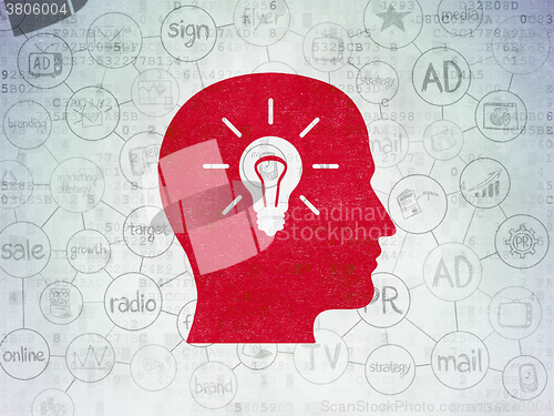 Image of Advertising concept: Head With Light Bulb on Digital Paper background