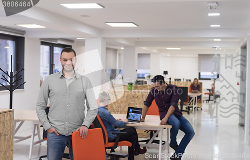 Image of startup business, businessman portrait at modern office, team br