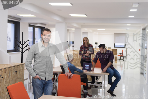 Image of startup business, businessman portrait at modern office, team br