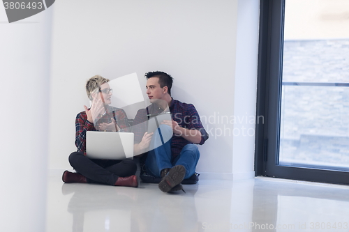 Image of startup business, couple working on laptop computer at office