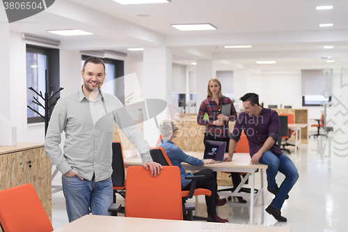 Image of startup business, businessman portrait at modern office, team br