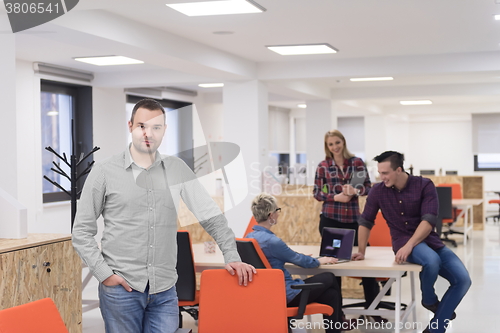 Image of startup business, businessman portrait at modern office, team br