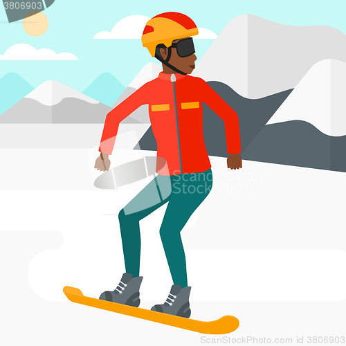 Image of Young woman snowboarding.
