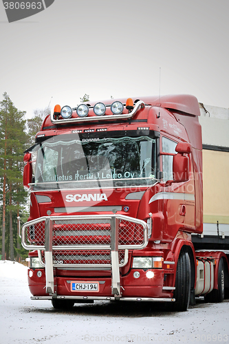 Image of Red Scania R500 V8 Truck with Bull Bar