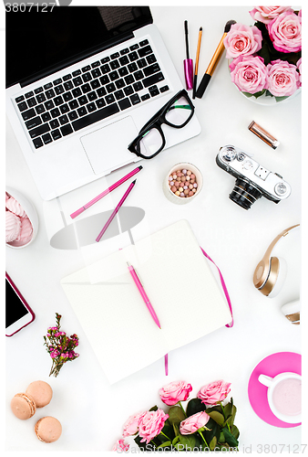 Image of Still life of fashion woman, objects on white