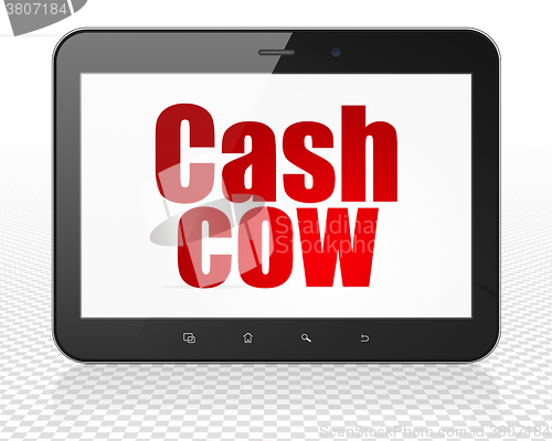 Image of Business concept: Tablet Pc Computer with Cash Cow on display