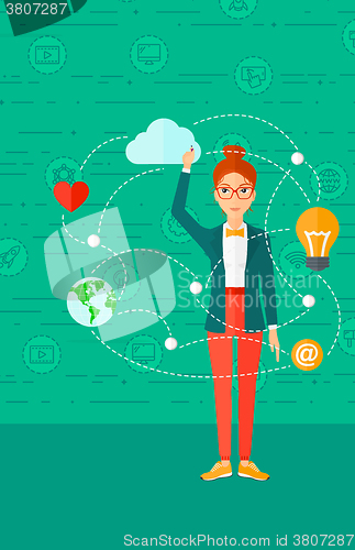 Image of Business woman and cloud computing.