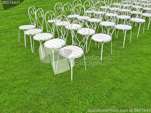 Image of White chairs in the green field