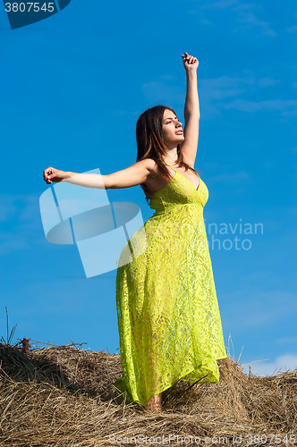 Image of Young beautiful woman relaxes on hay