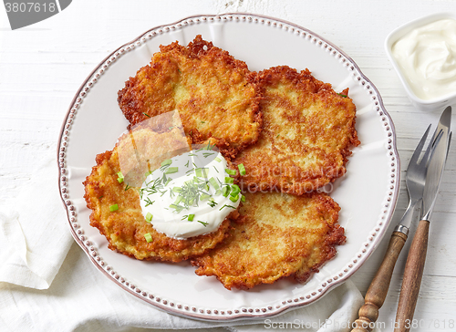 Image of Potato pancakes on white plate