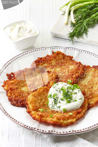 Image of Potato pancakes on white plate