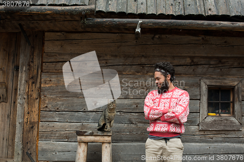 Image of portrait of man and cat