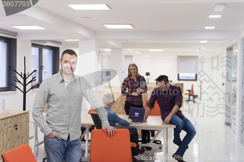 Image of startup business, businessman portrait at modern office, team br