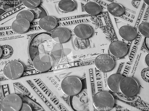 Image of Black and white Dollar coins and notes