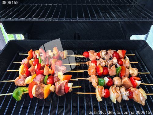 Image of Meat and vegetable skewers on a barbecue grill