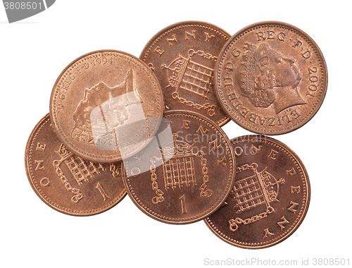 Image of Penny coins isolated, selective focus