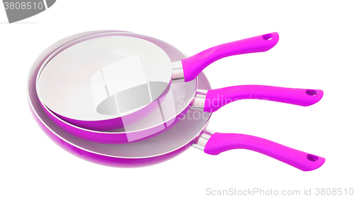 Image of Set of three frying pans, pink