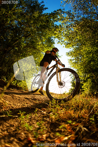 Image of Man Cyclist with bike on sunset