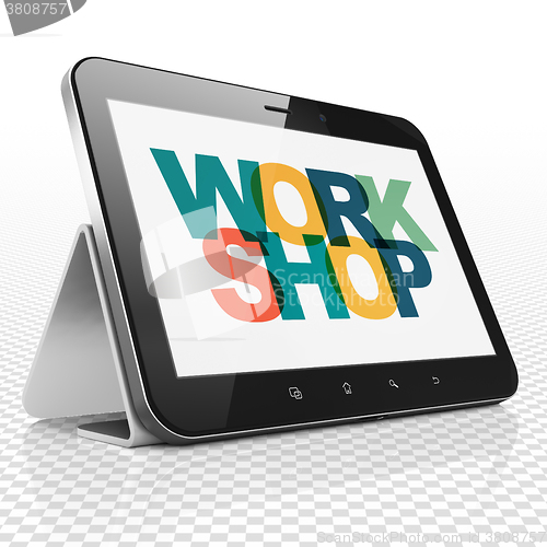 Image of Learning concept: Tablet Computer with Workshop on  display