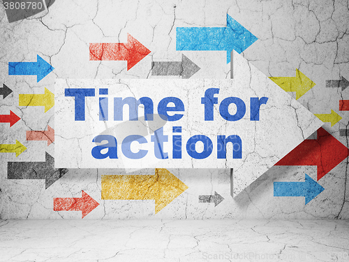 Image of Timeline concept: arrow with Time For Action on grunge wall background