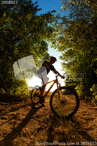 Image of Man Cyclist with bike on sunset