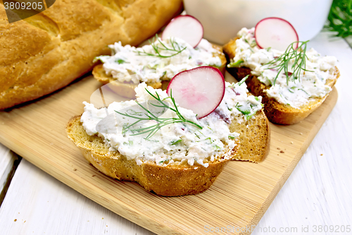 Image of Bread with pate of curd and radish on table