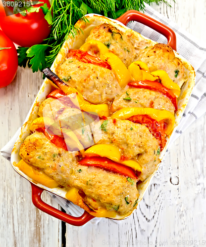 Image of Cutlets of turkey in pan on light board top