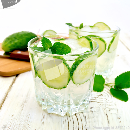 Image of Lemonade with cucumber and mint in two glassful on board