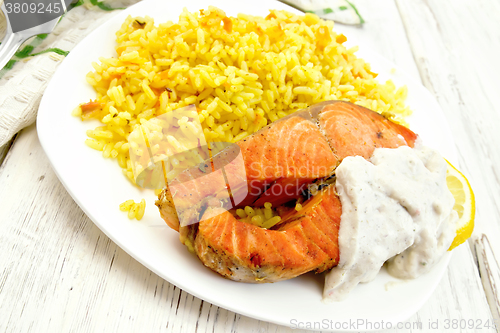 Image of Salmon with rice on light board